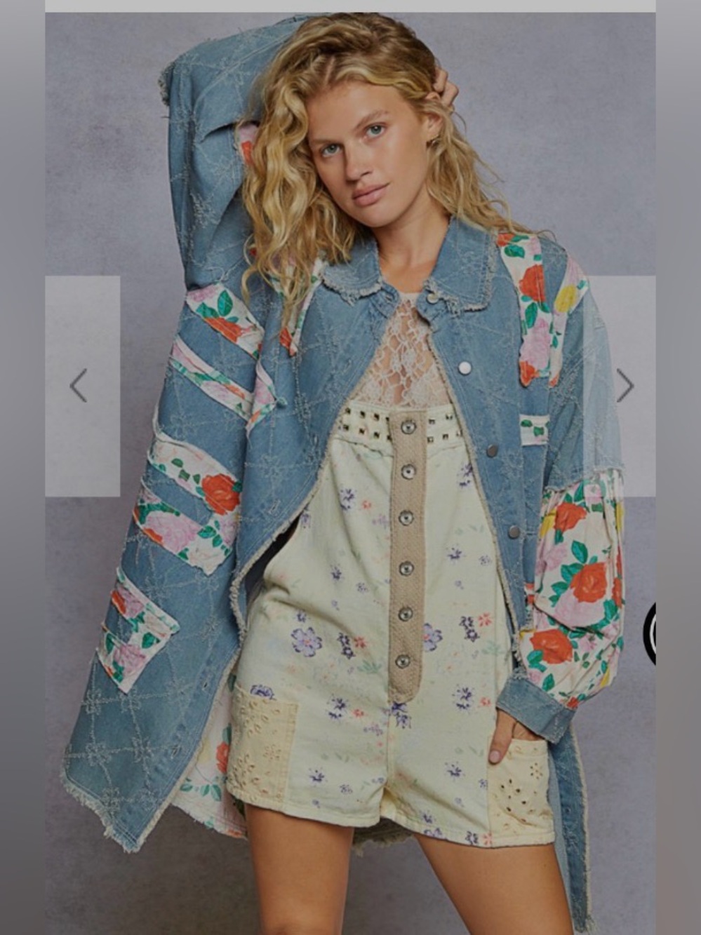 POL Blue Floral Patchwork Denim Jacket. Oversized.  Will fit plus size.